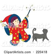 Little Wizard Girl Holding up Her Magic Wand over Her Gray Cat
