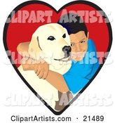 Loving Boy Hugging His Yellow Labrador Retriever Dog in a Red Heart
