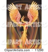 Majestic Phoenix Firebird Stretching Its Wings over a Fiery Background
