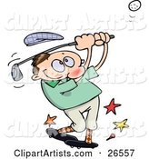 Male Caucasian Athlete Knocking His Hat off As He Whacks a Golf Ball with a Club