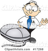Male Caucasian Office Nerd Business Man Mascot Cartoon Character Waving and Standing by a Computer Mouse