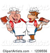 Male Chef Pig Holding Ribs and Female Chef Cow Holding Brisket