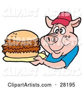 Male Pig in a Red Hat and Blue Shirt, Holding a Giant Pulled Pork Sandwich