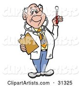 Male Senior Caucasian Doctor in a Lab Coat, Wearing a Stethoscope, Holding a Clip Board and Looking at a Thermometer