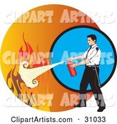 Man Calmly Extinguishing Flames with a Fire Extinguisher