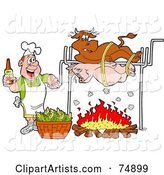 Man Holding a Bottle of Bbq Sauce and Cooking a Cow and Pig over a Fire
