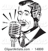 Man Singing or Announcing into a Microphone