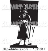 Man Standing Alone Black and White Woodcut