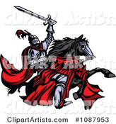 Medieval Knight Holding up His Sword and Riding His Black Horse