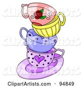 Messy Stack of Colorful Tea Cups on a Purple Saucer