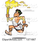 Muscular Olympic Greek Torch Bearer Man Running in a Toga