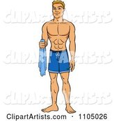 Muscular White Man in Swim Trunks Holding a Towel