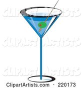 Olive Garnish in a Blue Martini Alcoholic Beverage