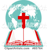 Open Holy Bible with a Globe and Red Cross