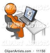 Orange Doctor Man Sitting at a Computer and Viewing an Xray of a Head