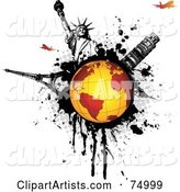 Orange Globe on a Black Splatter with the Statue of Liberty, Tower of Pisa, Eiffel Tower and Planes