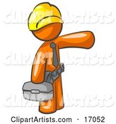 Orange Man, a Construction Worker, Handyman or Electrician, Wearing a Yellow Hardhat and Tool Belt and Carrying a Metal Toolbox While Pointing to the Right