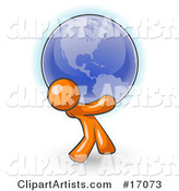 Orange Man Carrying the Blue Planet Earth on His Shoulders, Symbolizing Ecology and Going Green