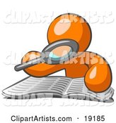 Orange Man Character Using a Magnifying Glass to Examine the Facts in the Daily Newspaper
