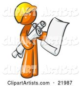 Orange Man Contractor or Architect Holding Rolled Blueprints and Designs and Wearing a Hardhat