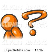 Orange Man Rubbing His Chin and Posed by a Question Mark, Symbolizing, Curiousity, Confusion and Uncertainty