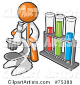 Orange Man Scientist Using a Microscope by Vials