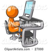 Orange Man Sitting at a Desk in Front of a Computer with a Scanner at His Side