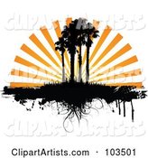Orange Sunset Rays Silhouetting Palm Trees and Grass, with Dripping Grunge