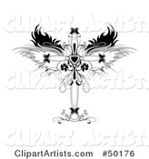Ornamental Cross with Wings and Floral Designs