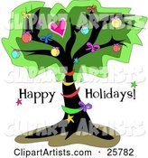 Outdoor Tree Decorated in Christmas Ornaments and Bows on a Happy Holidays Greeting