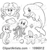 Outlined Cute Crab Dolphin Squid Seahorse and Starfish
