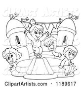 Outlined Happy Children Playing on a Bouncy House Castle