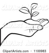 Outlined Human Hand Holding a Plant in Soil