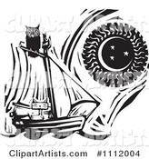 Owl Perched Atop a Cat in a Sailboat Against a Sun and Moon Black and White Woodcut