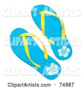 Pair of Blue Tropical Flip Flops with Yellow Plastic