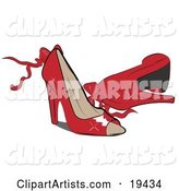 Pair of Feminine, Shiny, Red, Open Toe, High Heeled Shoes with Bows and Ribbons