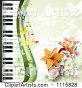 Piano Keyboard and Lily Background with Butterflies on Green