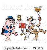 Pig Blowing a Whistle and Holding Beer, by a Cow and Chicken Holding up Beef and Poultry