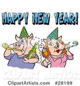 Pig Couple in Party Hats, Getting Drunk and Blowing Noise Makers Under a Happy New Year Greeting