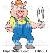 Pig Wearing Overalls and a Bbq Hat and Holding Tongs and a Thumb up
