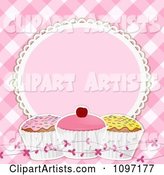 Pink Gingham Background with a Frame and Cupcakes
