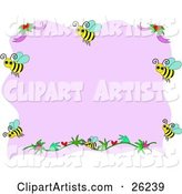 Pink Stationery Background Bordered with Flowers and Happy Honey Bees
