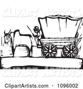 Pioneer and Ox with a Covered Wagon on the Oregon Trail Black and White Woodcut