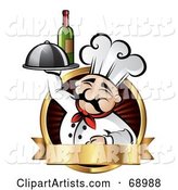 Pleasant Chef Holding Wine and a Platter on a Red Logo with a Gold Banner