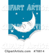 Pleasant Crescent Moon Face Relaxing in a Starry Sky over a Cloud