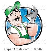 Pleasant Male Mechanic Leaning on the Rim of a Circle, Holding a Wrench and Smiling