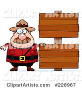 Plump Mountie Man Standing by Two Blank Wood Signs