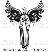 Praying Female Angel Black and White Woodcut