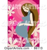 Pregnant Woman with Long Brunette Hair, Touching Her Belly