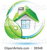 Pre-Made Logo of Dewy Green Leaf Circling a Home with a Green Roof